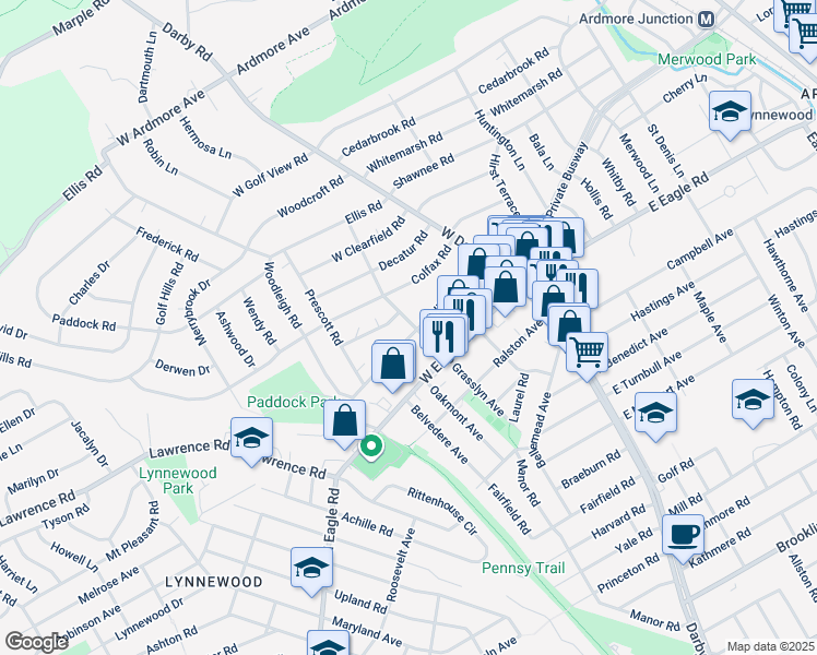 map of restaurants, bars, coffee shops, grocery stores, and more near 100 West Hillcrest Avenue in Havertown