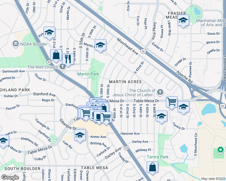 map of restaurants, bars, coffee shops, grocery stores, and more near 415 South 40th Street in Boulder