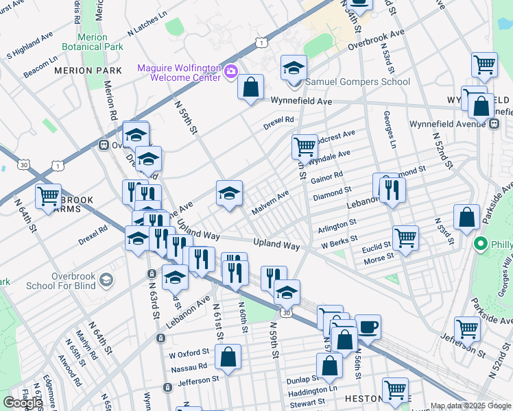 map of restaurants, bars, coffee shops, grocery stores, and more near 5859 Malvern Avenue in Philadelphia