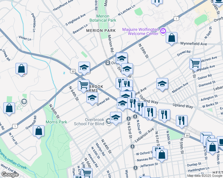 map of restaurants, bars, coffee shops, grocery stores, and more near 6300 Sherwood Road in Philadelphia