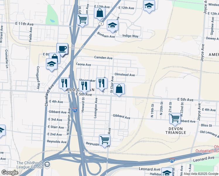 map of restaurants, bars, coffee shops, grocery stores, and more near 1067 Saint Clair Avenue in Columbus