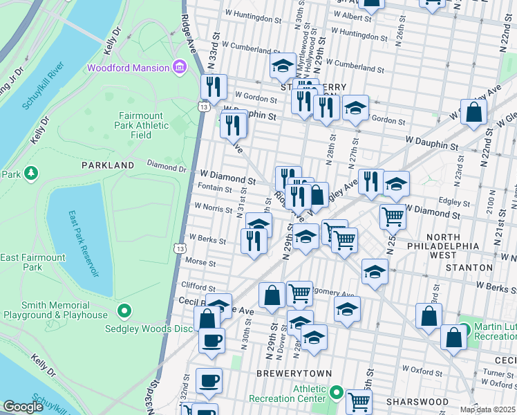 map of restaurants, bars, coffee shops, grocery stores, and more near 3016 Page Street in Philadelphia