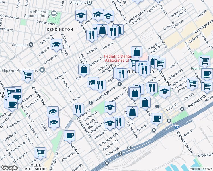 map of restaurants, bars, coffee shops, grocery stores, and more near 3038 Memphis Street in Philadelphia