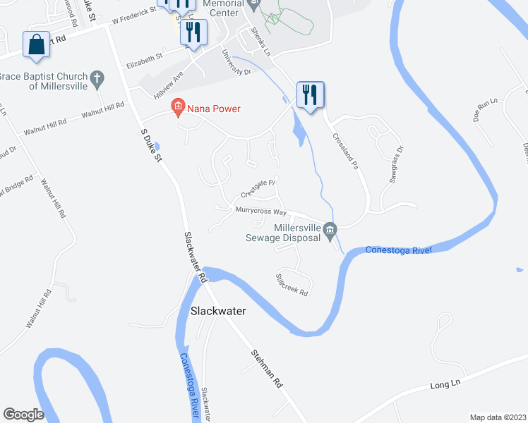 map of restaurants, bars, coffee shops, grocery stores, and more near 2 Rivergate Court in Millersville