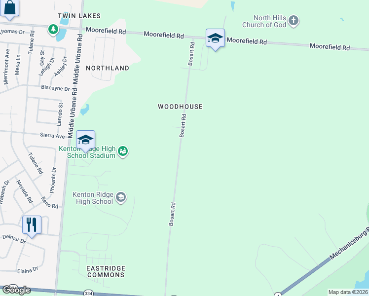 map of restaurants, bars, coffee shops, grocery stores, and more near 4500 Bosart Road in Springfield