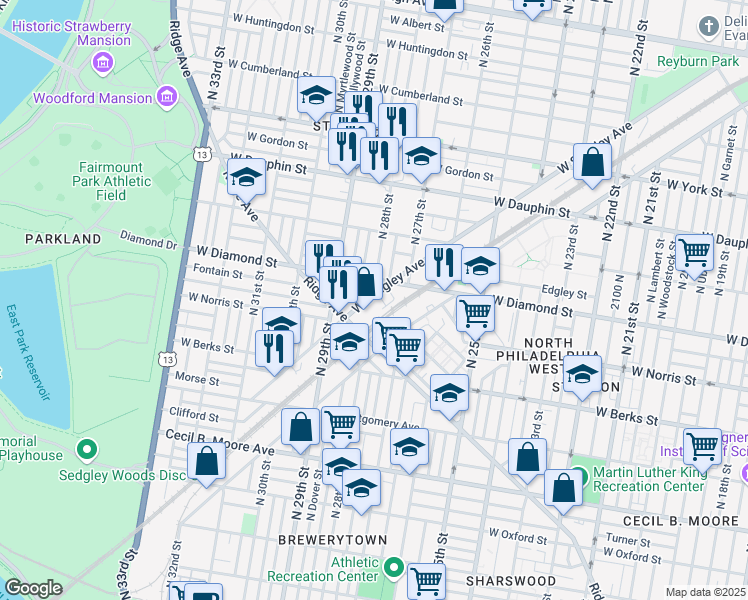 map of restaurants, bars, coffee shops, grocery stores, and more near 2800 West Sedgley Avenue in Philadelphia