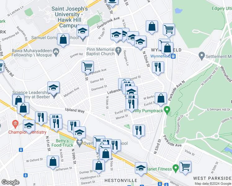 map of restaurants, bars, coffee shops, grocery stores, and more near 5432 Lebanon Avenue in Philadelphia