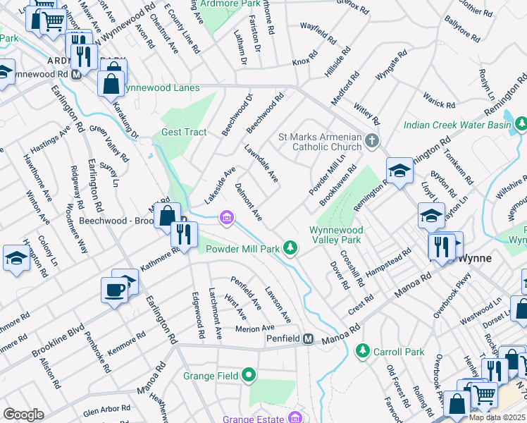 map of restaurants, bars, coffee shops, grocery stores, and more near 1325 Delmont Avenue in Havertown