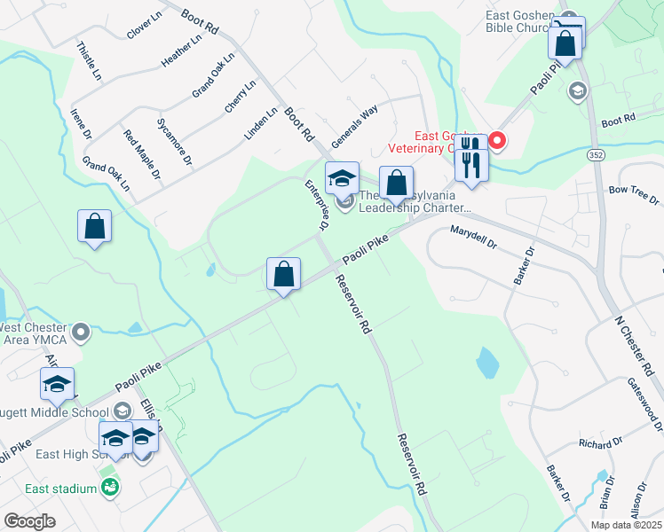 map of restaurants, bars, coffee shops, grocery stores, and more near 614 Reservoir Road in West Chester