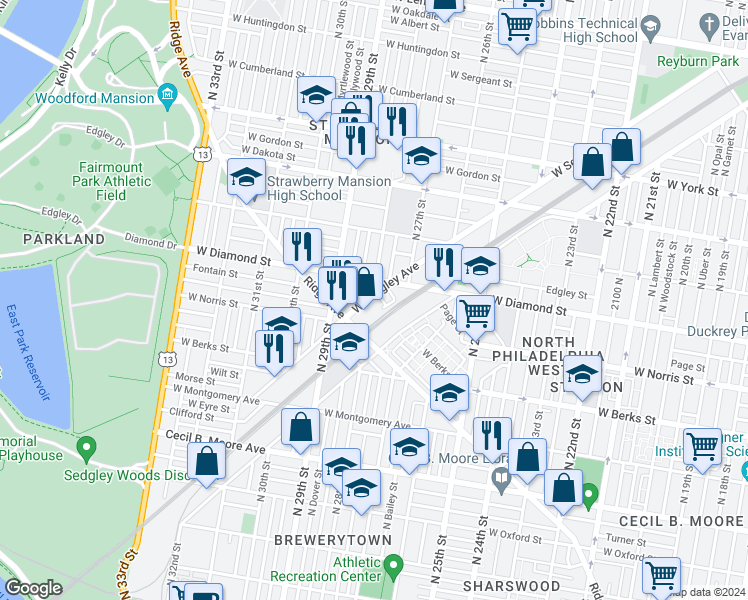 map of restaurants, bars, coffee shops, grocery stores, and more near 2800 West Sedgley Avenue in Philadelphia