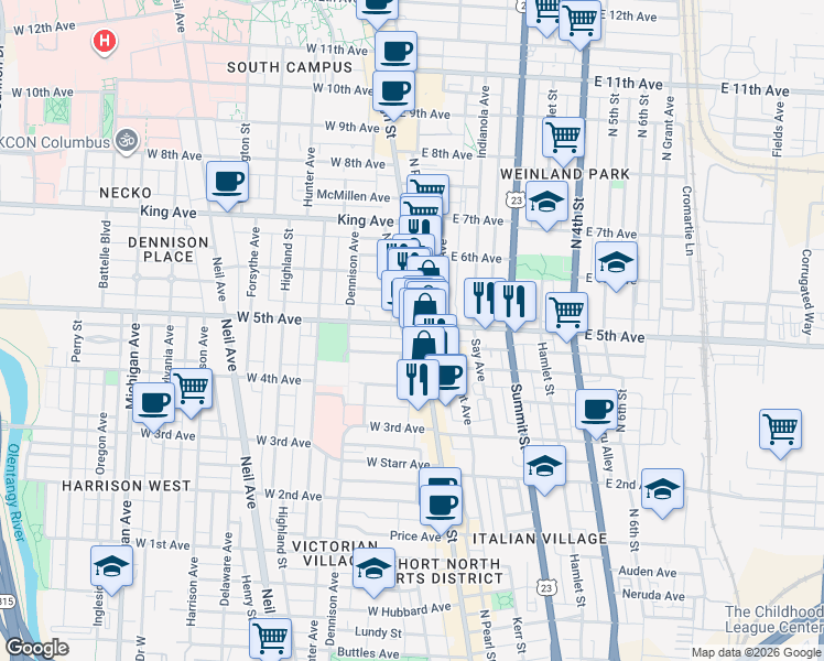 map of restaurants, bars, coffee shops, grocery stores, and more near in Columbus