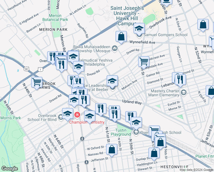 map of restaurants, bars, coffee shops, grocery stores, and more near 5939 Woodcrest Avenue in Philadelphia
