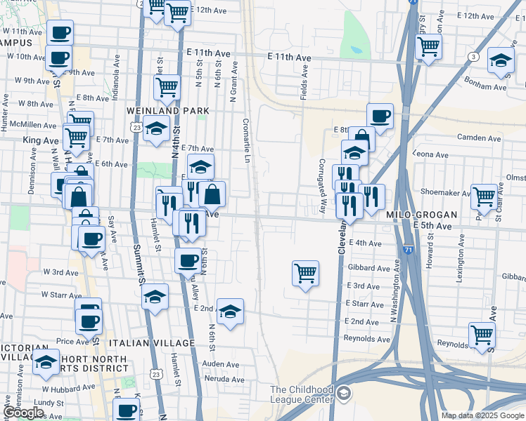 map of restaurants, bars, coffee shops, grocery stores, and more near 420 East 5th Avenue in Columbus