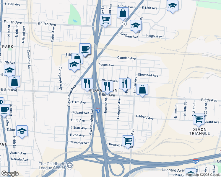 map of restaurants, bars, coffee shops, grocery stores, and more near 1087 Walters Street in Columbus