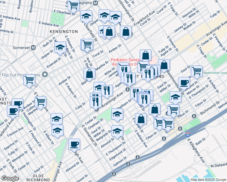 map of restaurants, bars, coffee shops, grocery stores, and more near 3038 Memphis Street in Philadelphia
