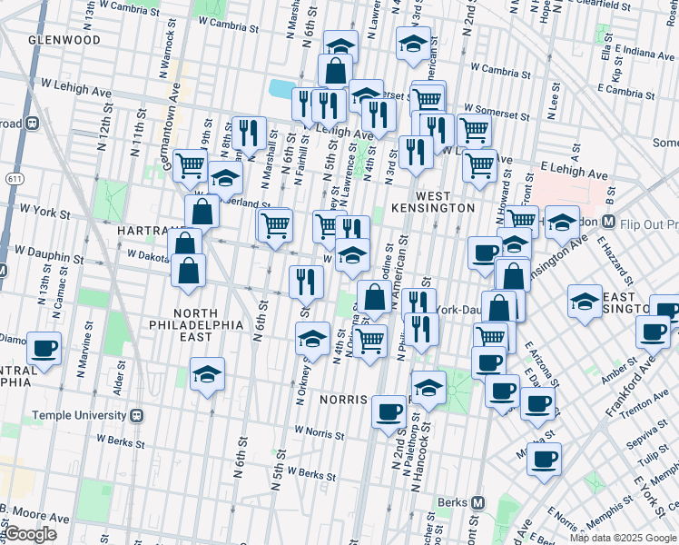 map of restaurants, bars, coffee shops, grocery stores, and more near 2352 North Leithgow Street in Philadelphia