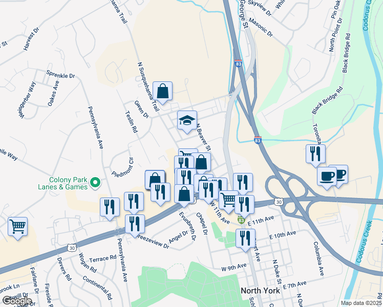 map of restaurants, bars, coffee shops, grocery stores, and more near 150 Heidelberg Avenue in York
