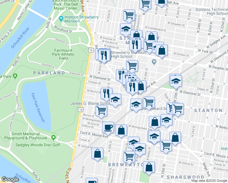 map of restaurants, bars, coffee shops, grocery stores, and more near 3022 Page Street in Philadelphia