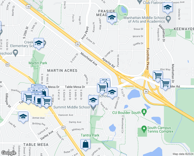 map of restaurants, bars, coffee shops, grocery stores, and more near 4672 Ingram Court in Boulder