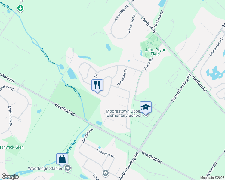 map of restaurants, bars, coffee shops, grocery stores, and more near 85 Brooks Road in Moorestown