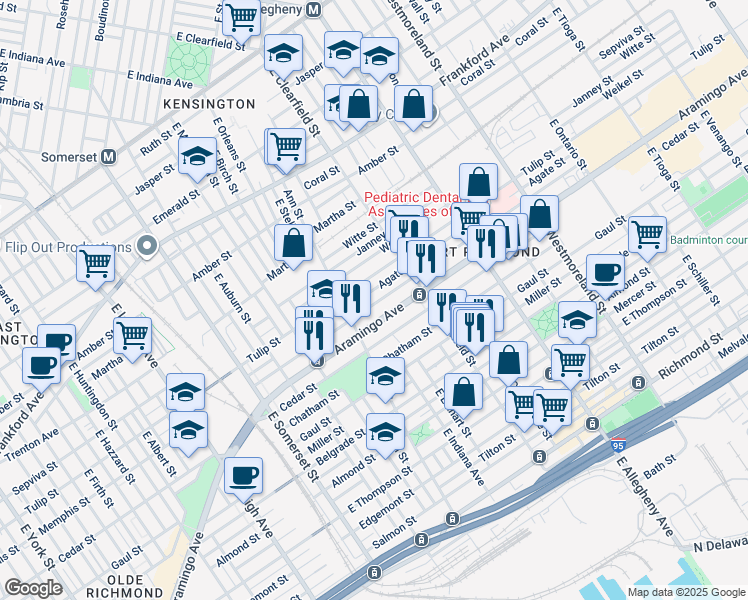 map of restaurants, bars, coffee shops, grocery stores, and more near 3040 Memphis Street in Philadelphia