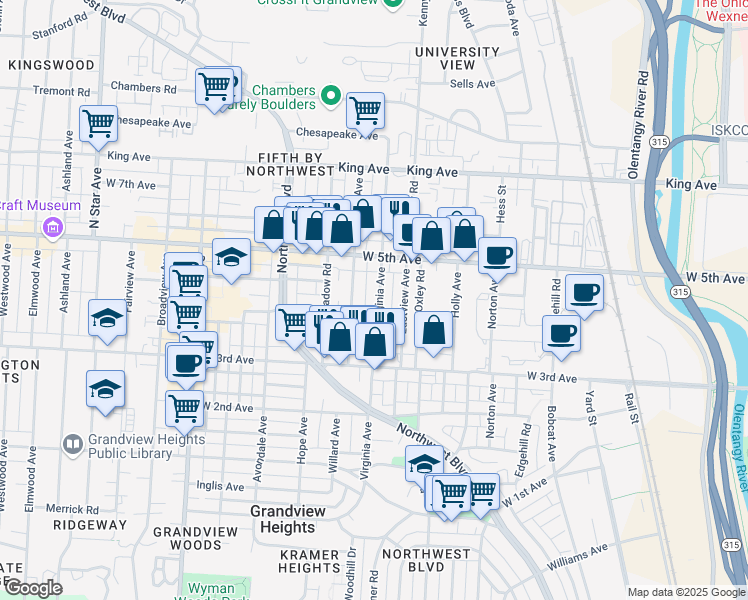 map of restaurants, bars, coffee shops, grocery stores, and more near 1383 Virginia Avenue in Columbus
