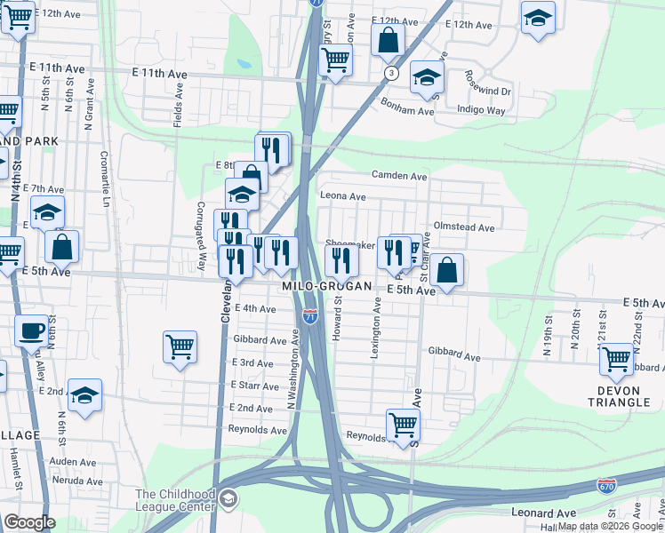 map of restaurants, bars, coffee shops, grocery stores, and more near 1092 Sidney Street in Columbus