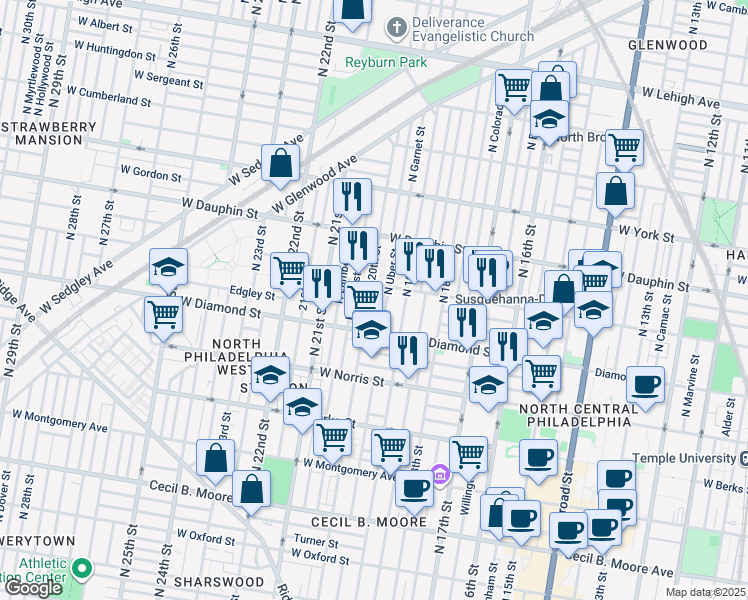 map of restaurants, bars, coffee shops, grocery stores, and more near 2135 North 20th Street in Philadelphia