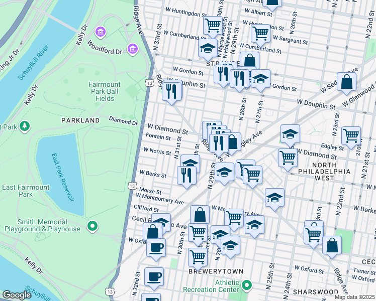 map of restaurants, bars, coffee shops, grocery stores, and more near 3022 Page Street in Philadelphia
