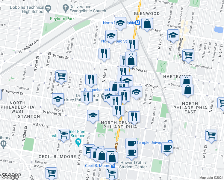 map of restaurants, bars, coffee shops, grocery stores, and more near 2216 North 15th Street in Philadelphia