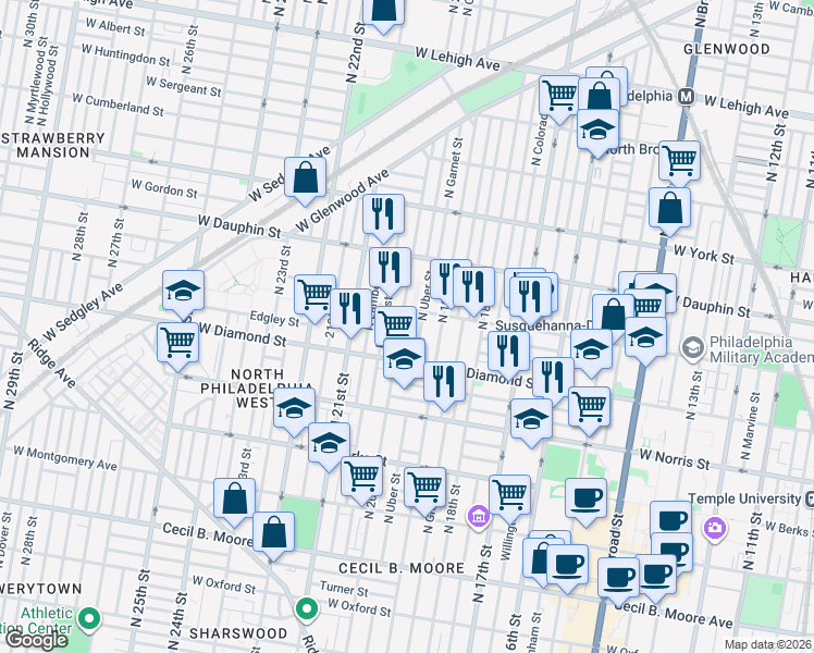 map of restaurants, bars, coffee shops, grocery stores, and more near 2139 North Uber Street in Philadelphia