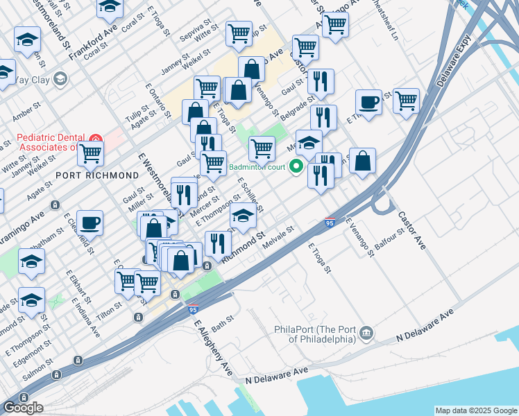 map of restaurants, bars, coffee shops, grocery stores, and more near 2715 East Schiller Street in Philadelphia
