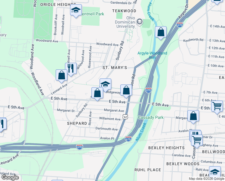 map of restaurants, bars, coffee shops, grocery stores, and more near 2268 Ridgeway Avenue in Columbus