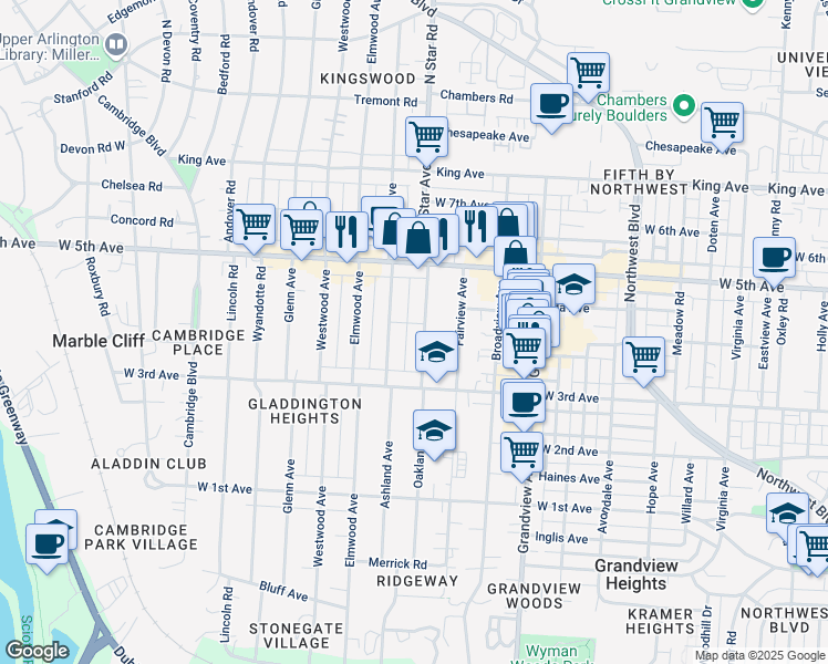 map of restaurants, bars, coffee shops, grocery stores, and more near 1457 North Star Avenue in Columbus