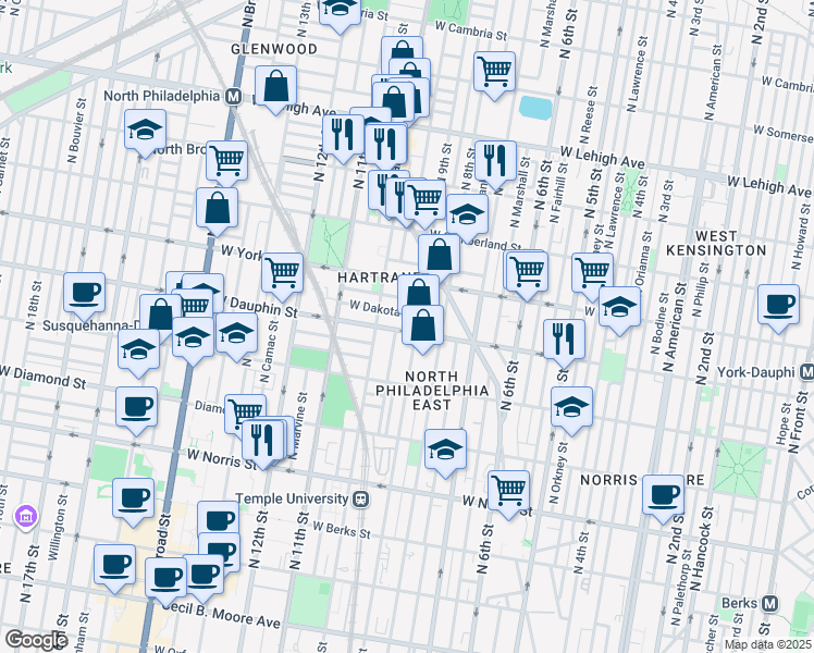 map of restaurants, bars, coffee shops, grocery stores, and more near 935 West Dauphin Street in Philadelphia