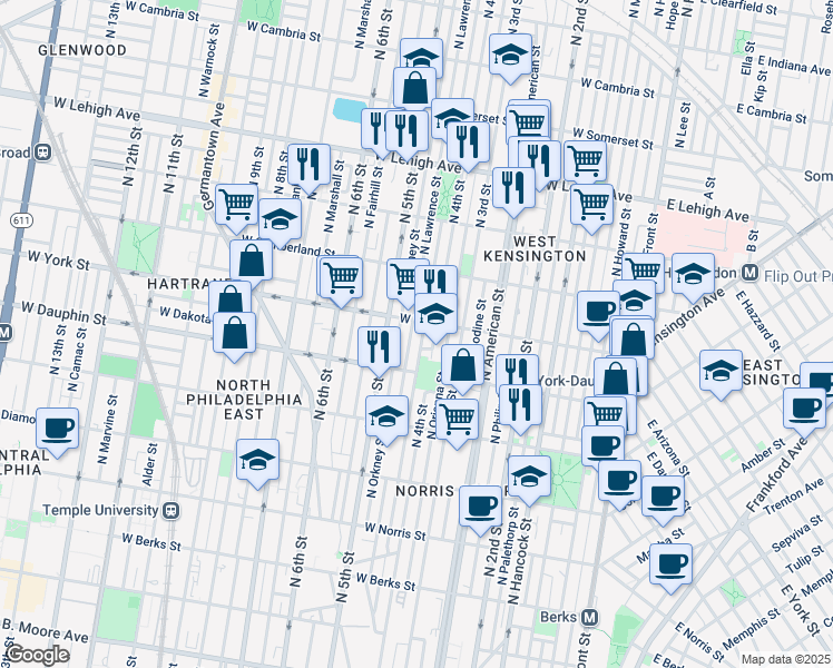map of restaurants, bars, coffee shops, grocery stores, and more near 2352 North Leithgow Street in Philadelphia