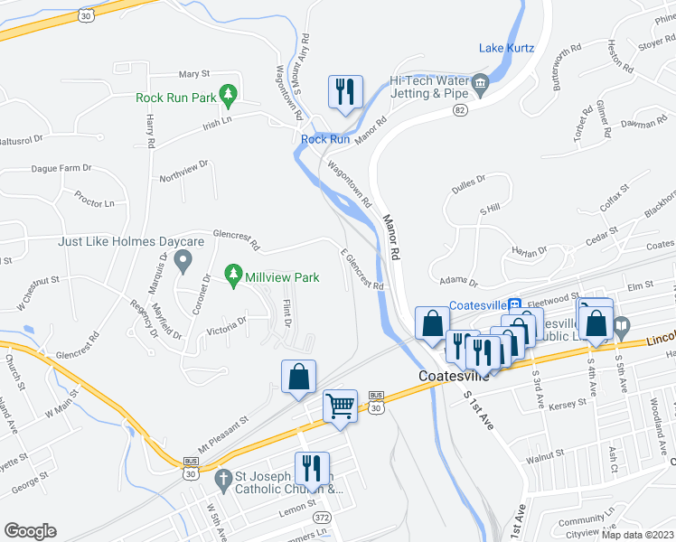 map of restaurants, bars, coffee shops, grocery stores, and more near 1410 Brick Row in Coatesville