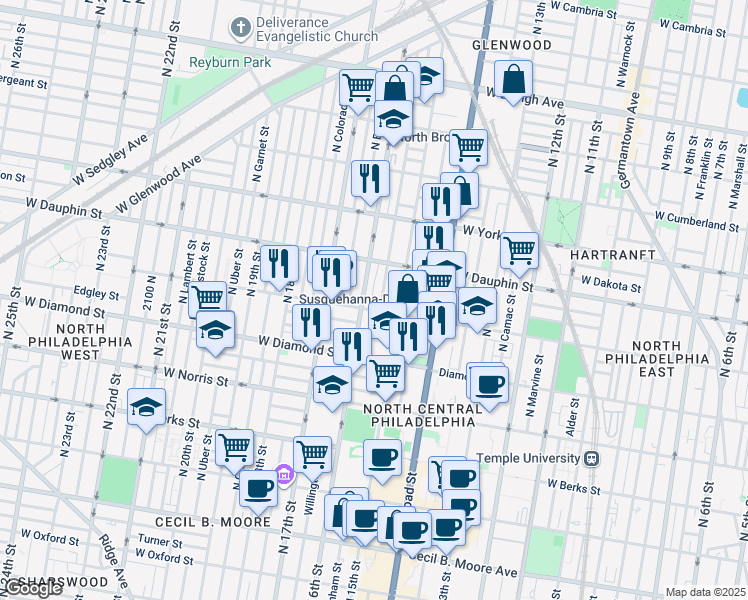 map of restaurants, bars, coffee shops, grocery stores, and more near 2213 North Mole Street in Philadelphia
