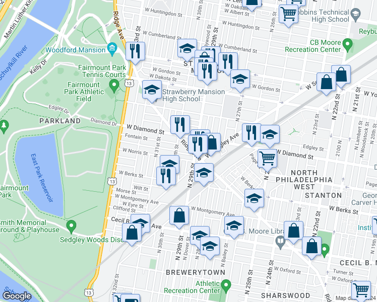map of restaurants, bars, coffee shops, grocery stores, and more near 2916 Ridge Avenue in Philadelphia