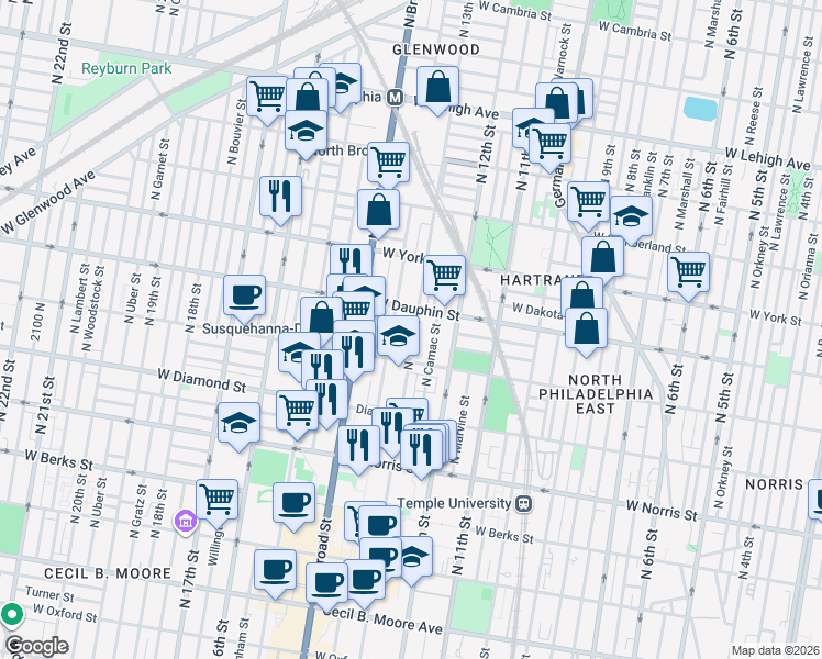 map of restaurants, bars, coffee shops, grocery stores, and more near 2239 North Park Avenue in Philadelphia