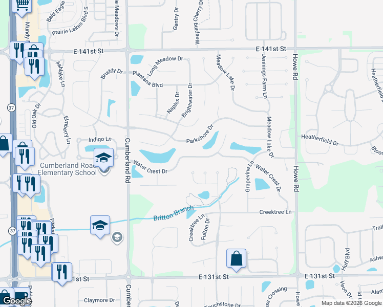 map of restaurants, bars, coffee shops, grocery stores, and more near 10137 Water Crest Drive in Fishers