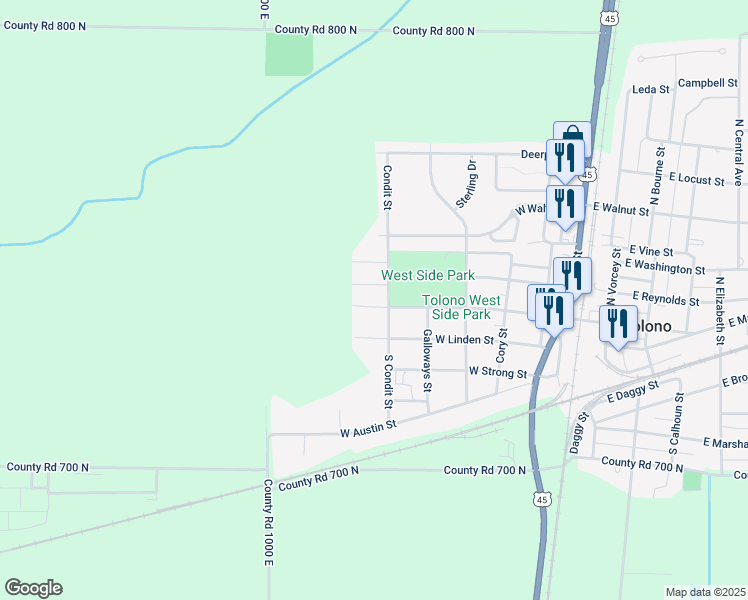 map of restaurants, bars, coffee shops, grocery stores, and more near 604 W Holden St in Tolono