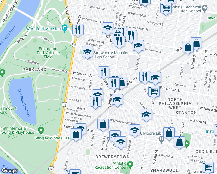 map of restaurants, bars, coffee shops, grocery stores, and more near 2916 Ridge Avenue in Philadelphia