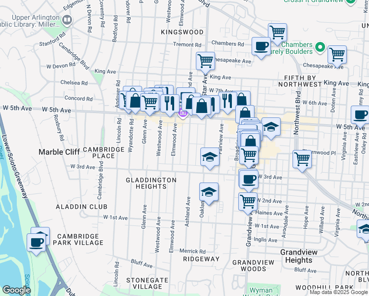 map of restaurants, bars, coffee shops, grocery stores, and more near 1461 Ashland Avenue in Columbus