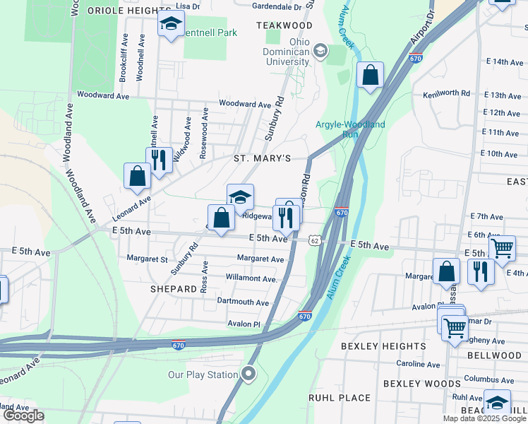map of restaurants, bars, coffee shops, grocery stores, and more near 2292 Ridgeway Avenue in Columbus