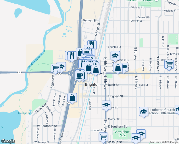 map of restaurants, bars, coffee shops, grocery stores, and more near 5 North Main Street in Brighton