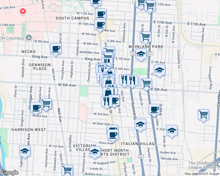 map of restaurants, bars, coffee shops, grocery stores, and more near in Columbus