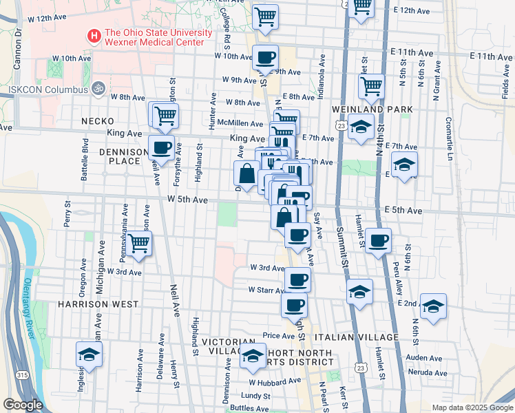 map of restaurants, bars, coffee shops, grocery stores, and more near 51 West 5th Avenue in Columbus