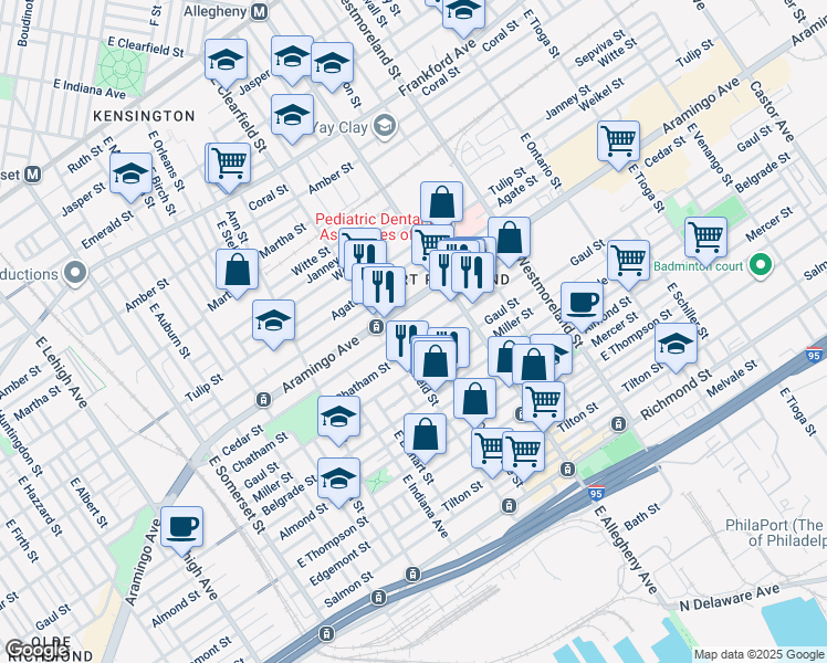 map of restaurants, bars, coffee shops, grocery stores, and more near 3104 Cedar Street in Philadelphia