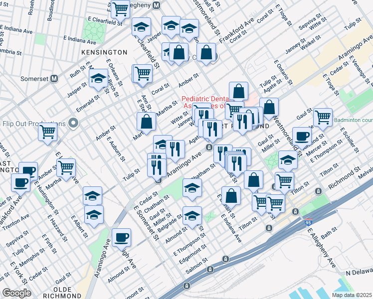 map of restaurants, bars, coffee shops, grocery stores, and more near 3040 Memphis Street in Philadelphia